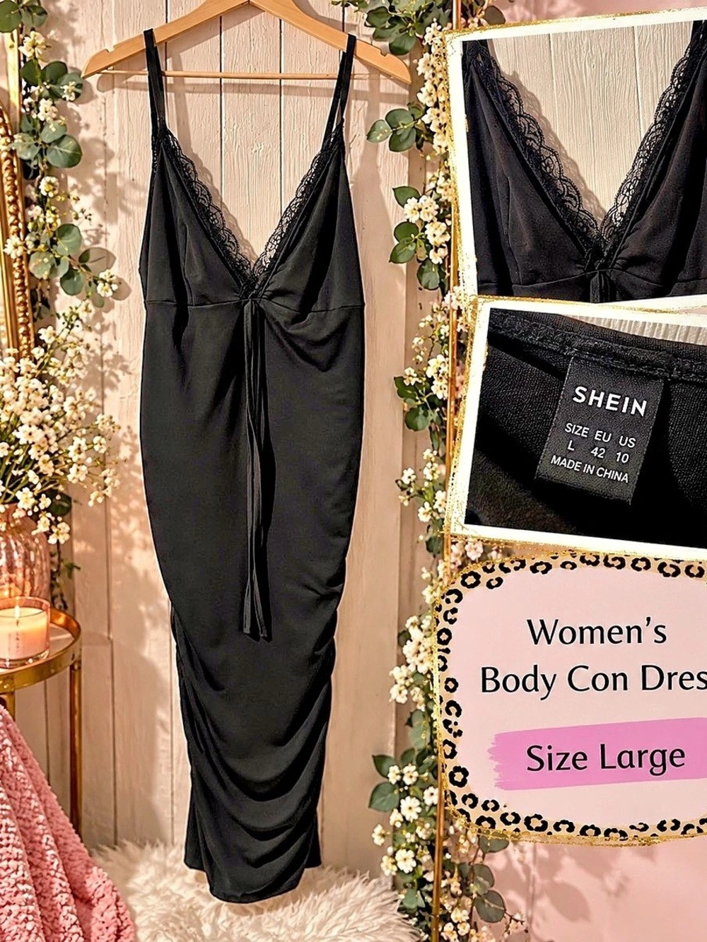 SHEIN Ruched Lace Trim Maxi Dress in Black Size Large